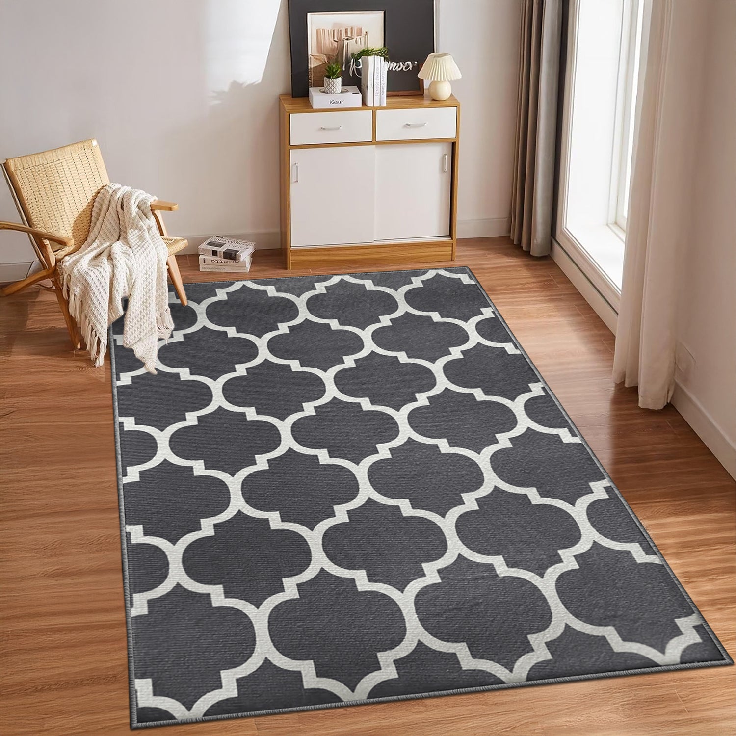 Grey Large Living Room Area Rug Trellis Design