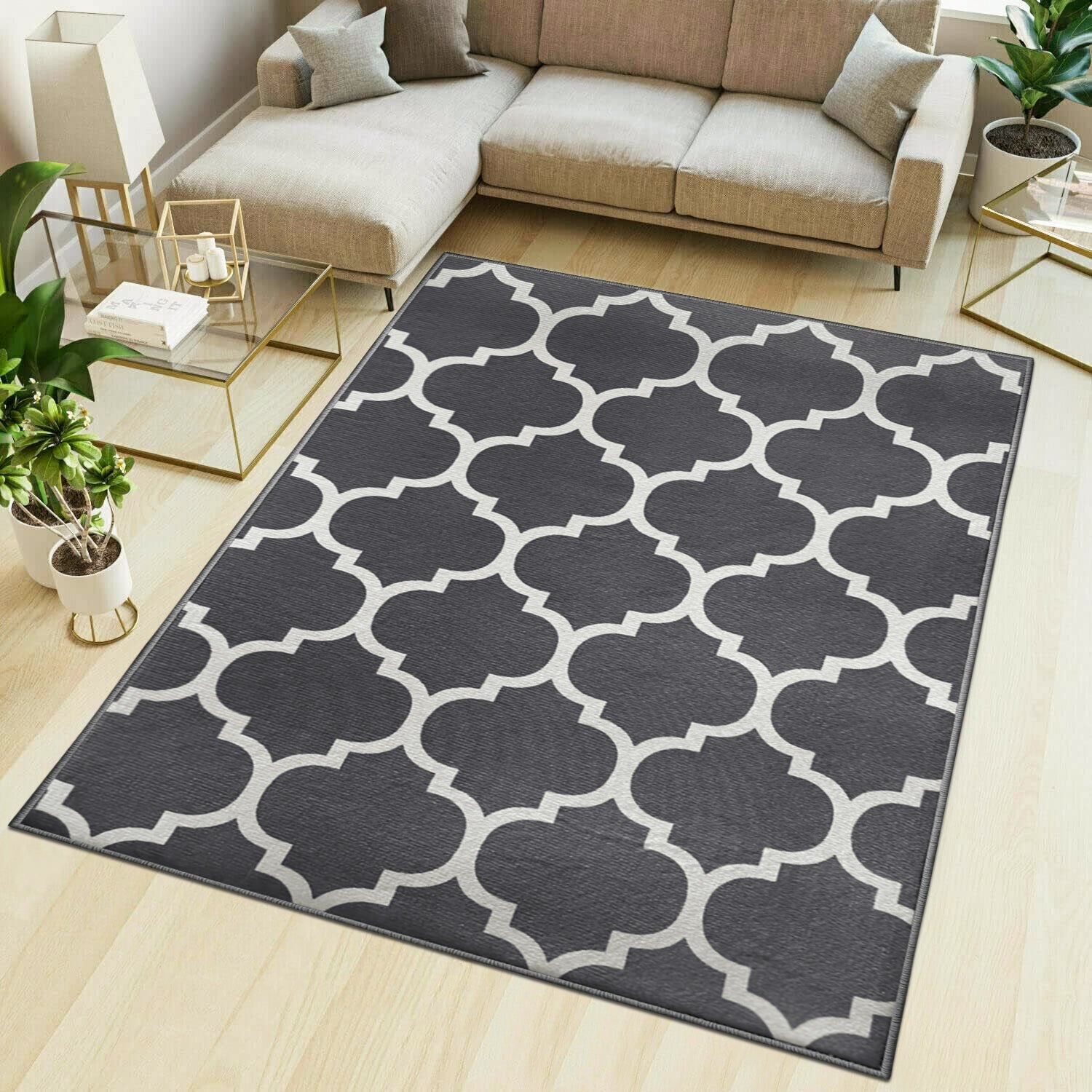 Grey Large Living Room Area Rug Trellis Design