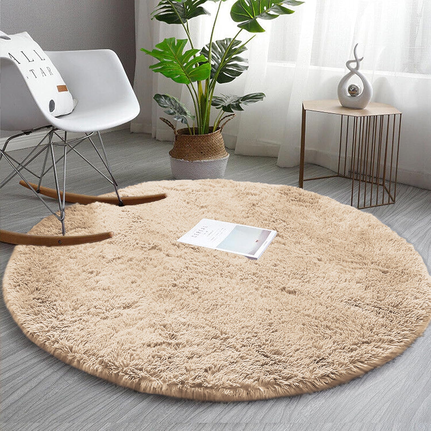 Round Beige Shaggy Rug Cosy Soft