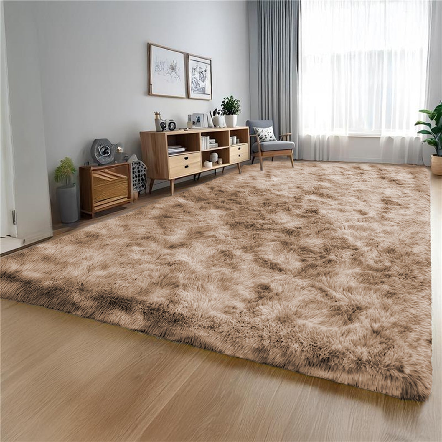 Soft Shag Pile Tie Dye Shaggy Rug Beige