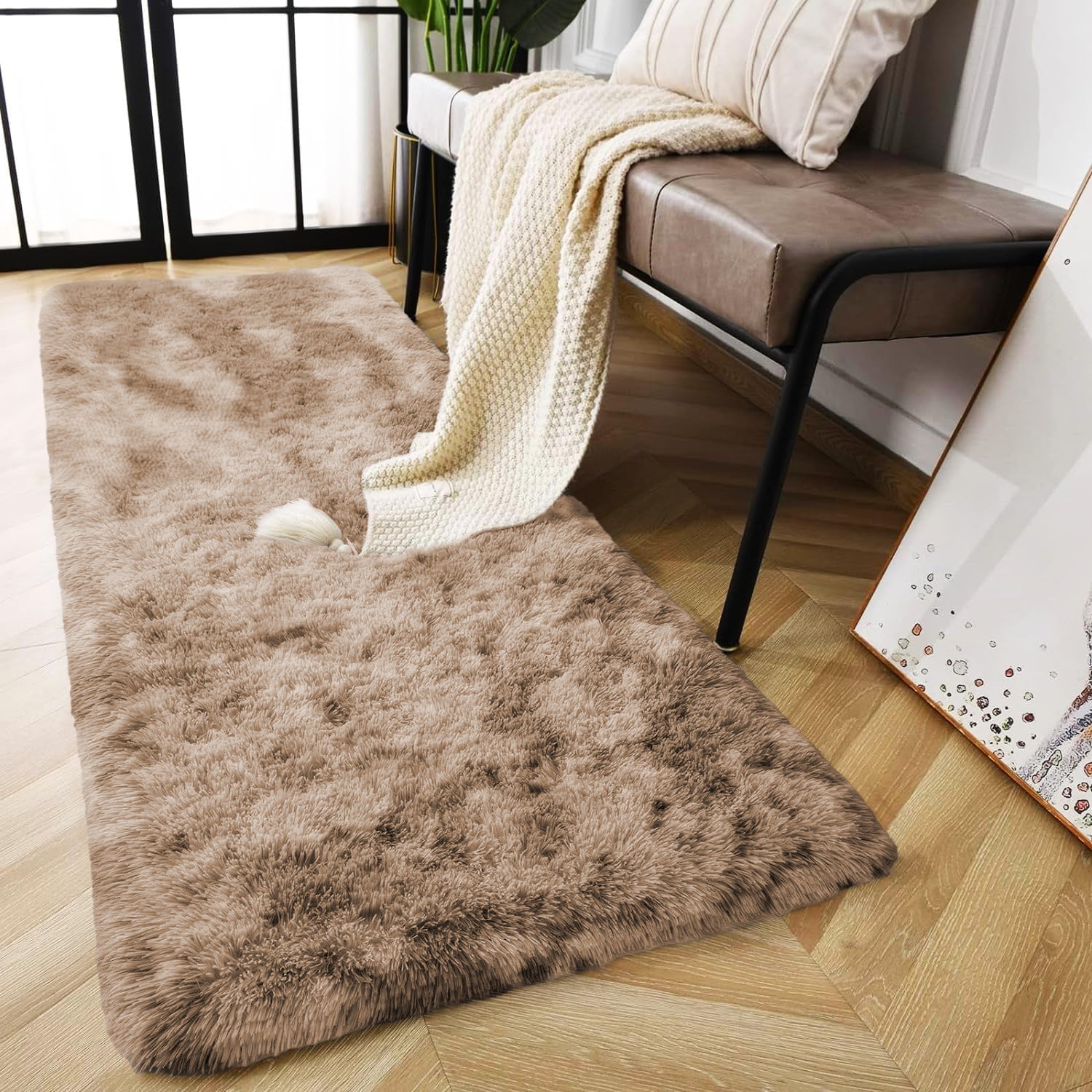Soft Shag Pile Tie Dye Shaggy Rug Beige