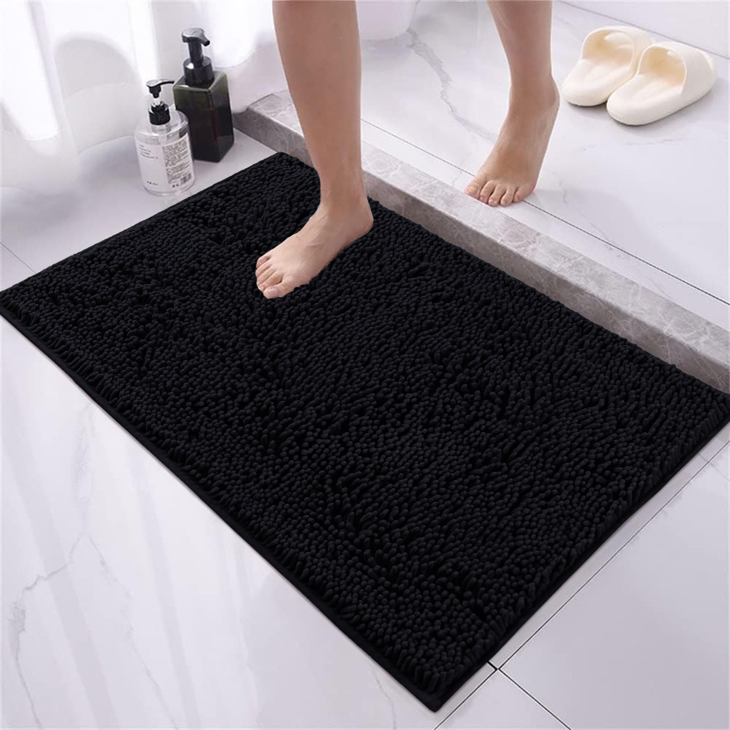 Soft Chenille Bath Mat Thick Absorbent Black