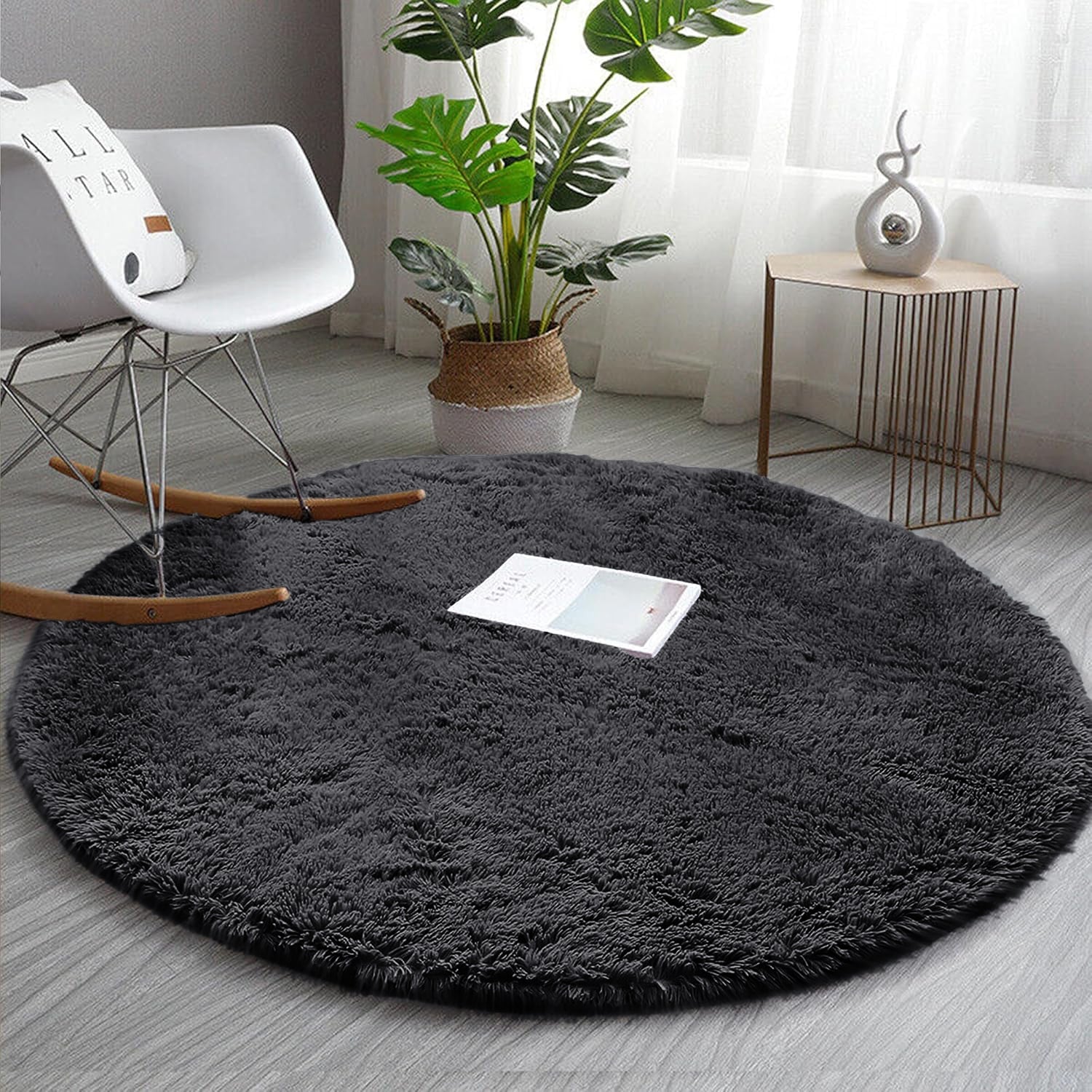 Round Black Shaggy Rug Cosy Soft