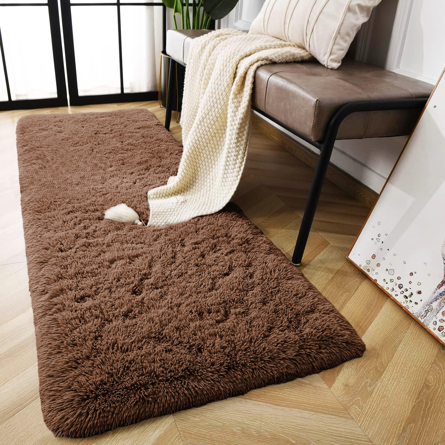 Large Fluffy Shaggy Rug Brown