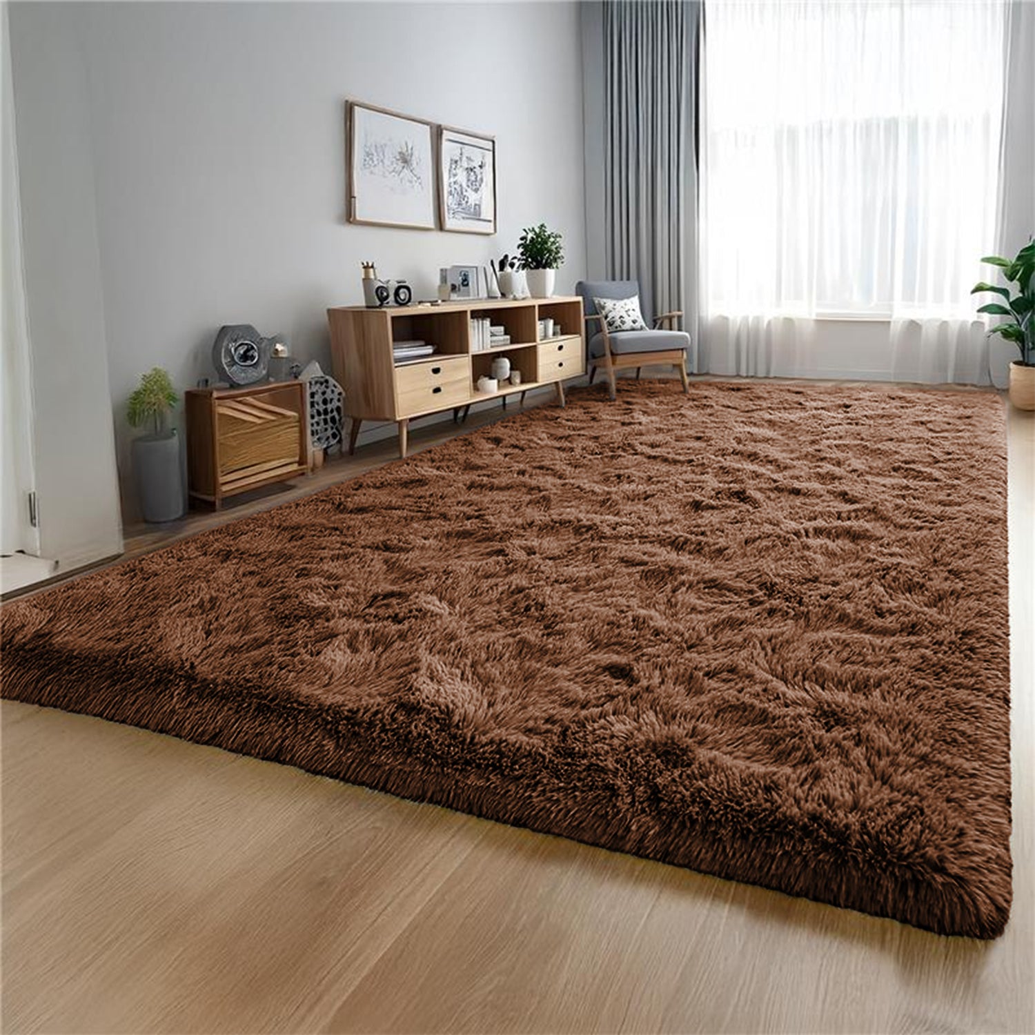 Large Fluffy Shaggy Rug Brown
