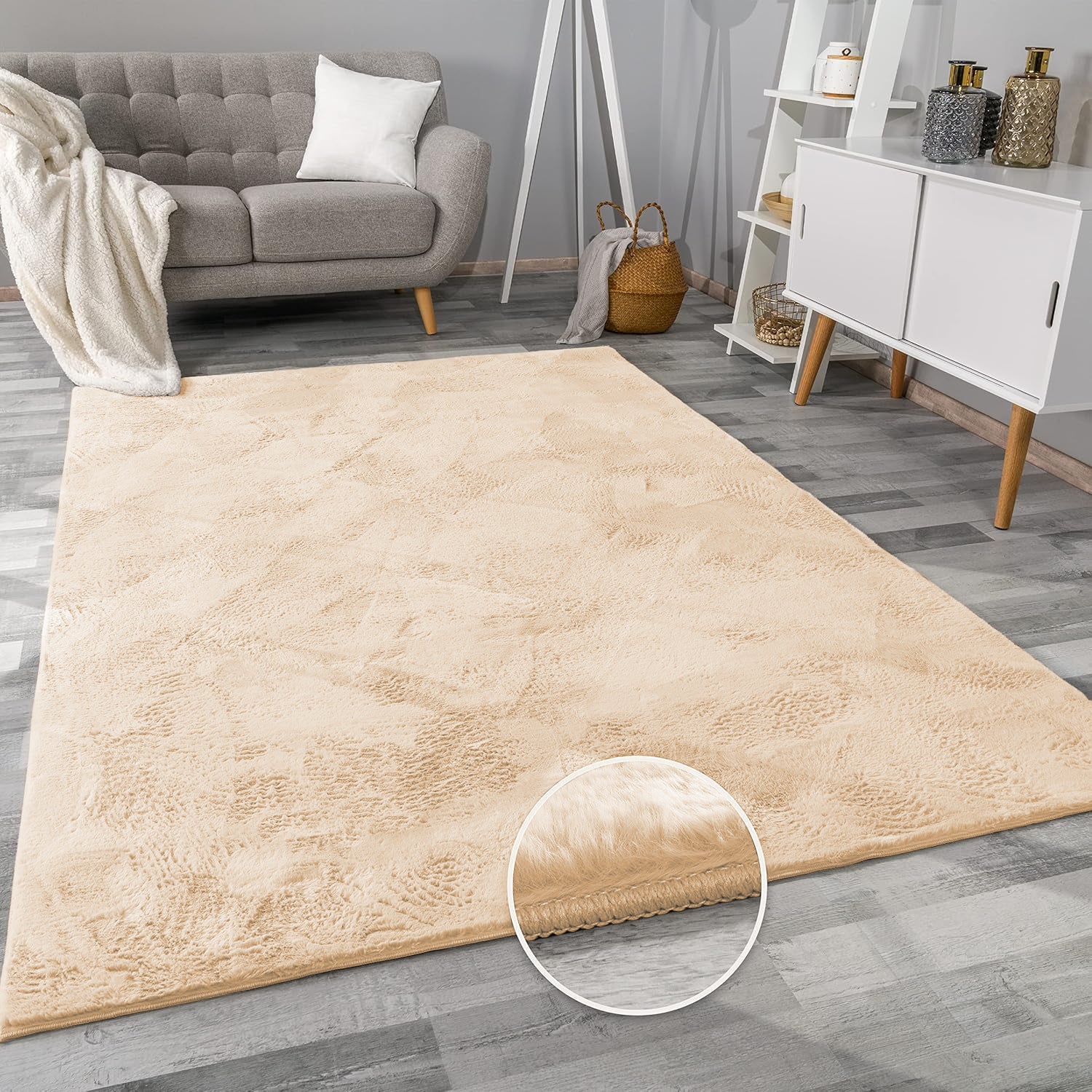 Beige Rabbit Faux Fur Rug Fluffy Plush Bedroom Runner