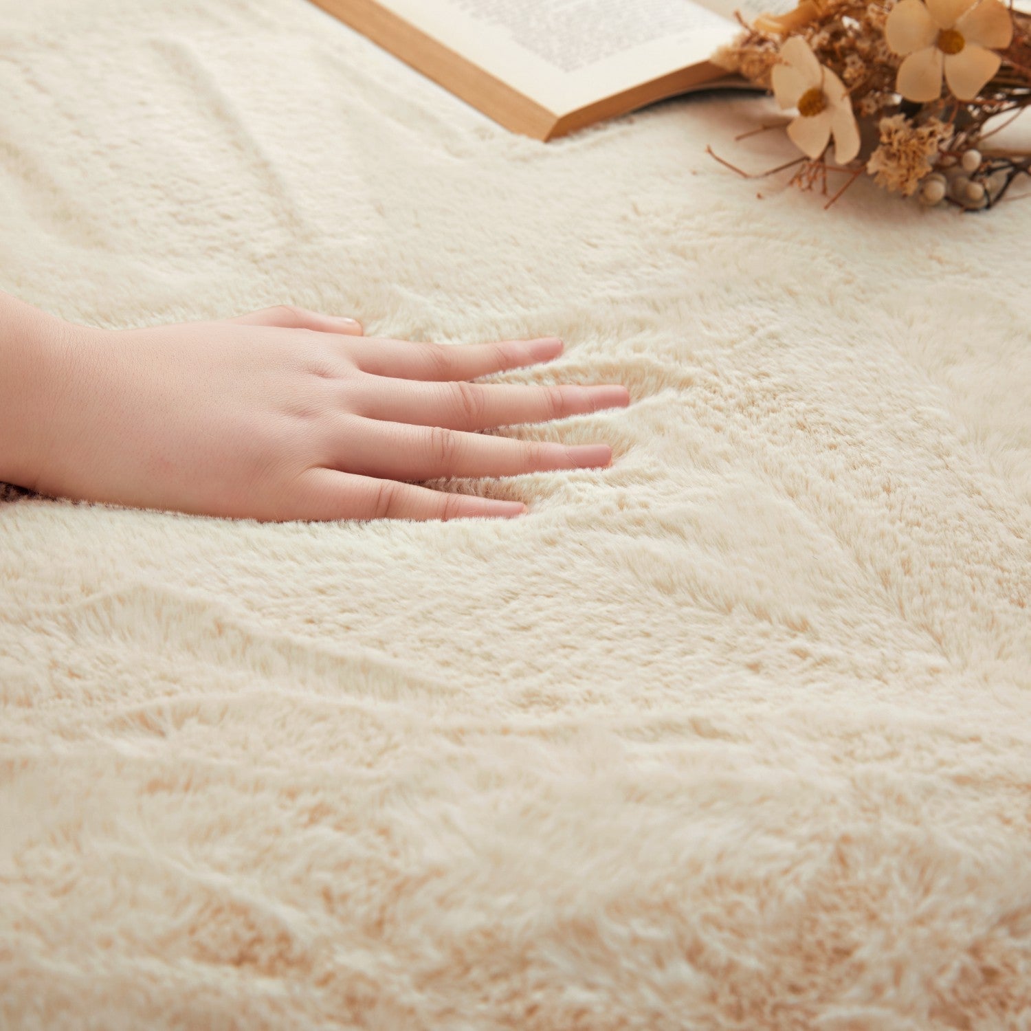 Beige Rabbit Faux Fur Rug Fluffy Plush Bedroom Runner
