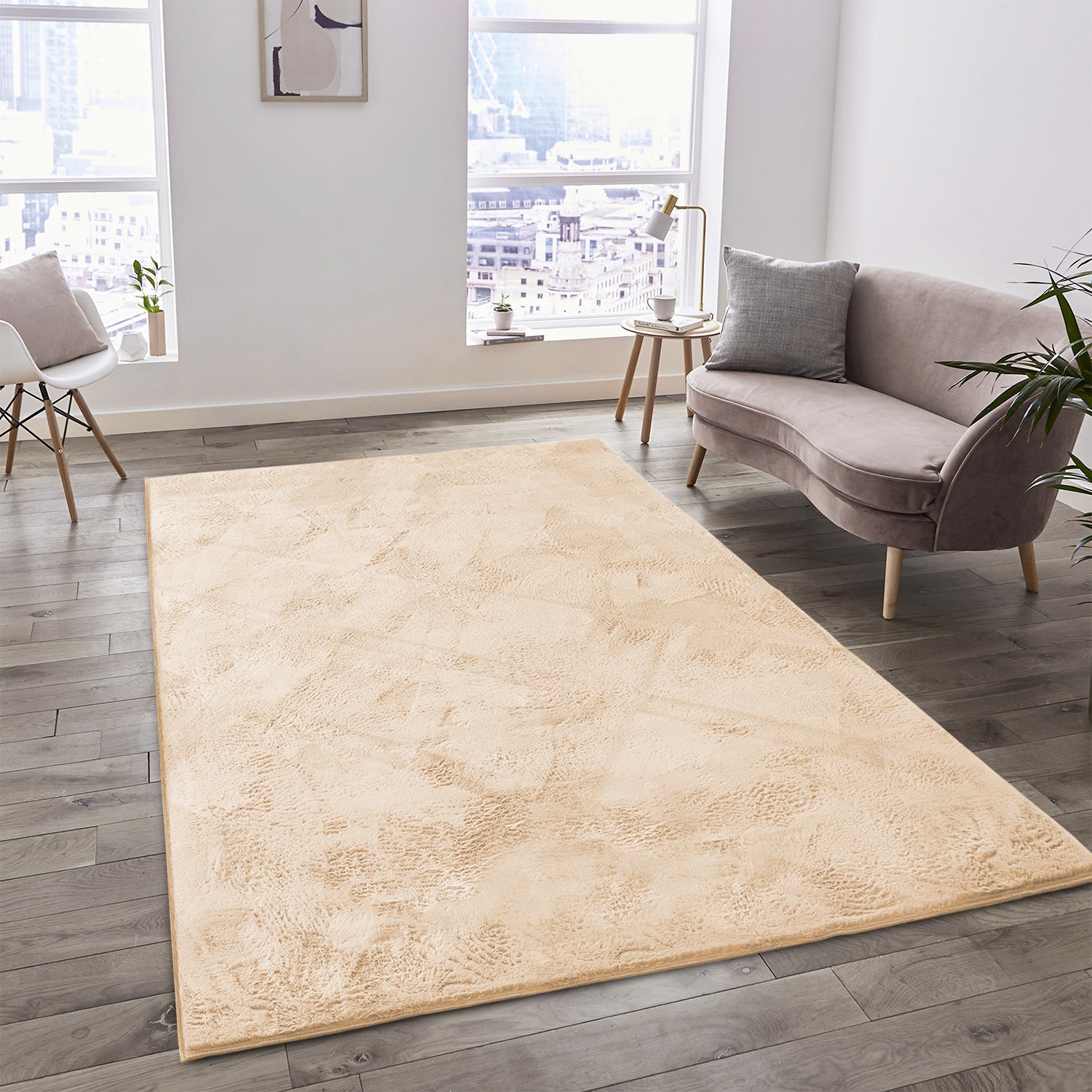 Beige Rabbit Faux Fur Rug Fluffy Plush Bedroom Runner