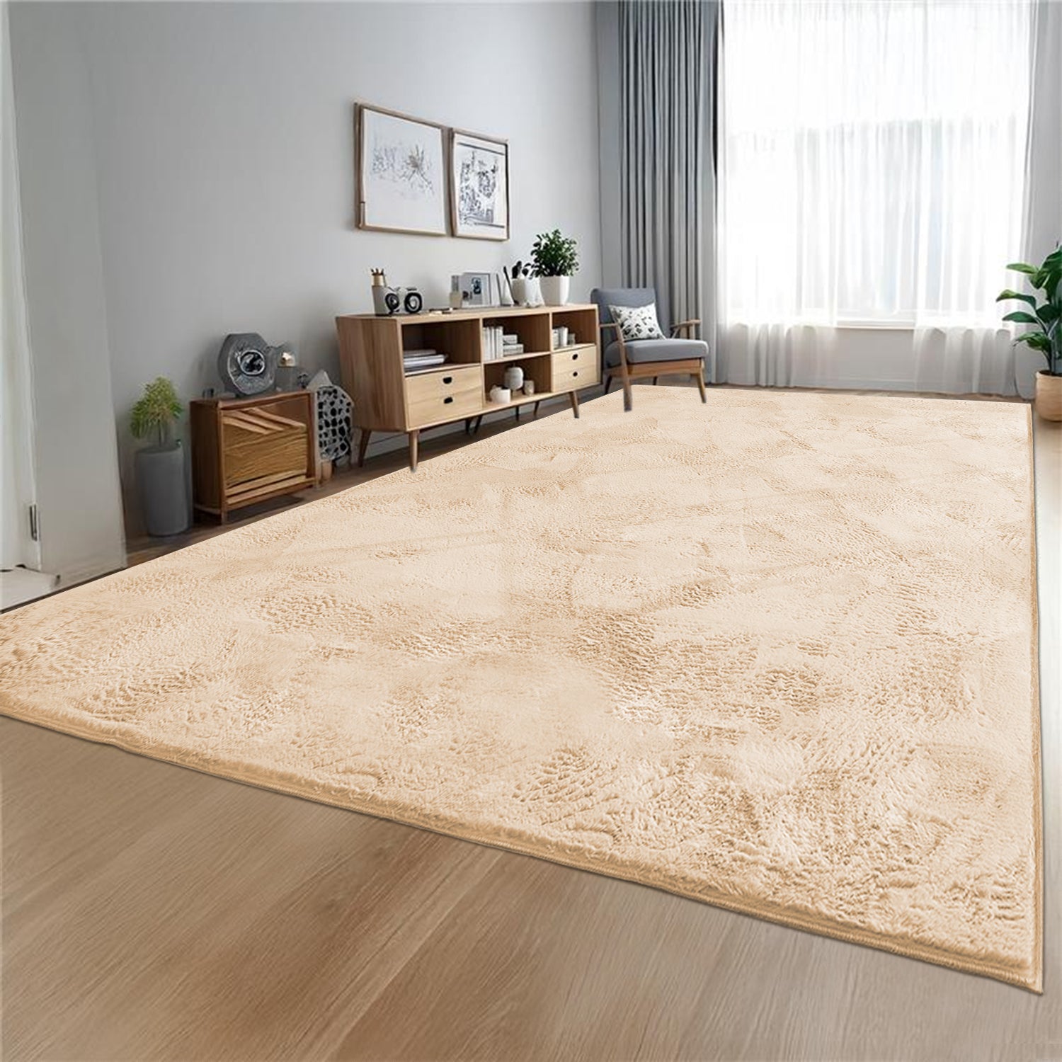 Beige Rabbit Faux Fur Rug Fluffy Plush Bedroom Runner