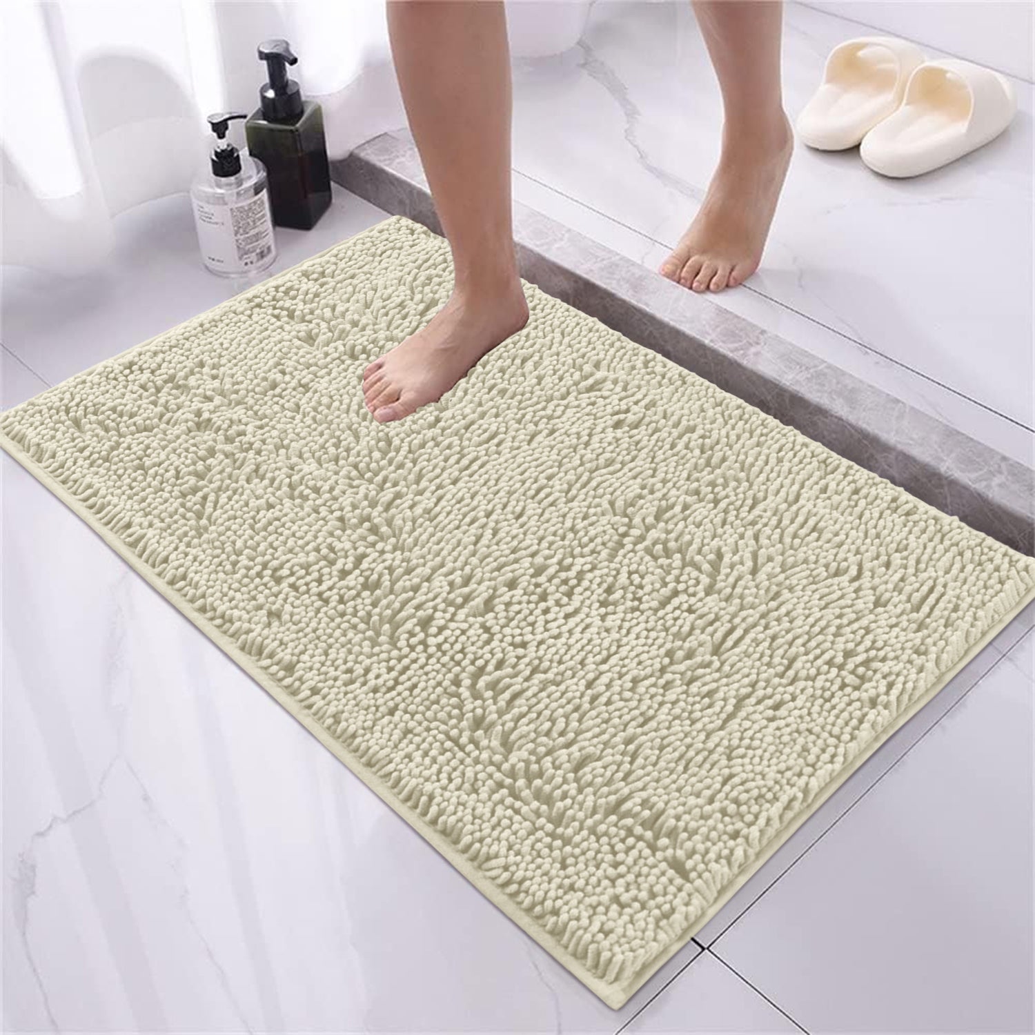 Soft Chenille Bath Mat Thick Absorbent Cream