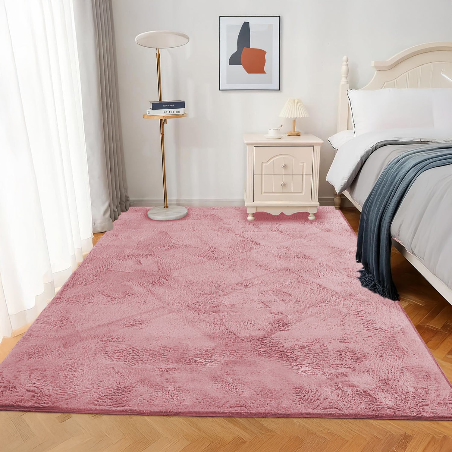 Dusty Rose Rabbit Faux Fur Rug Fluffy Plush Bedroom Runner