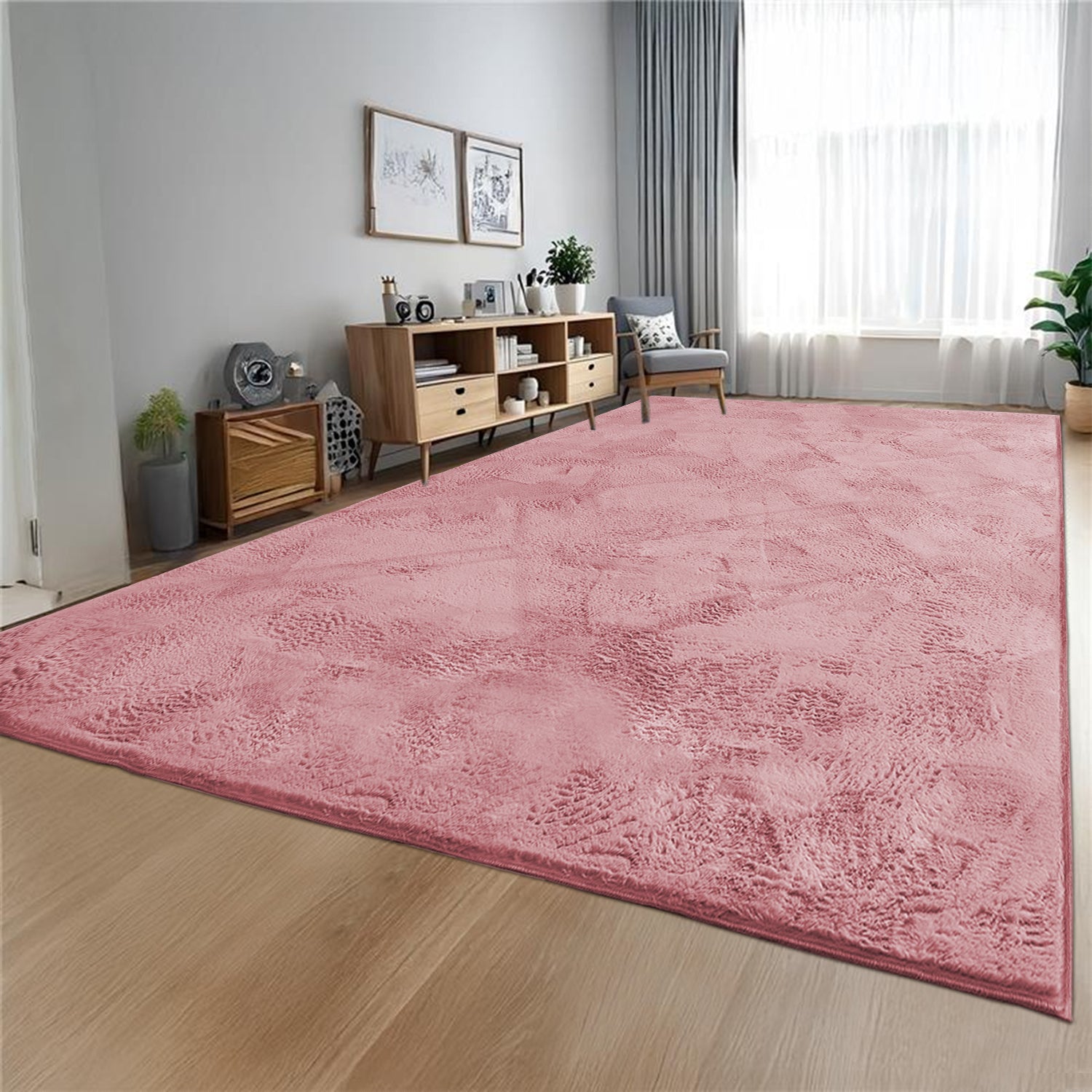 Dusty Rose Rabbit Faux Fur Rug Fluffy Plush Bedroom Runner