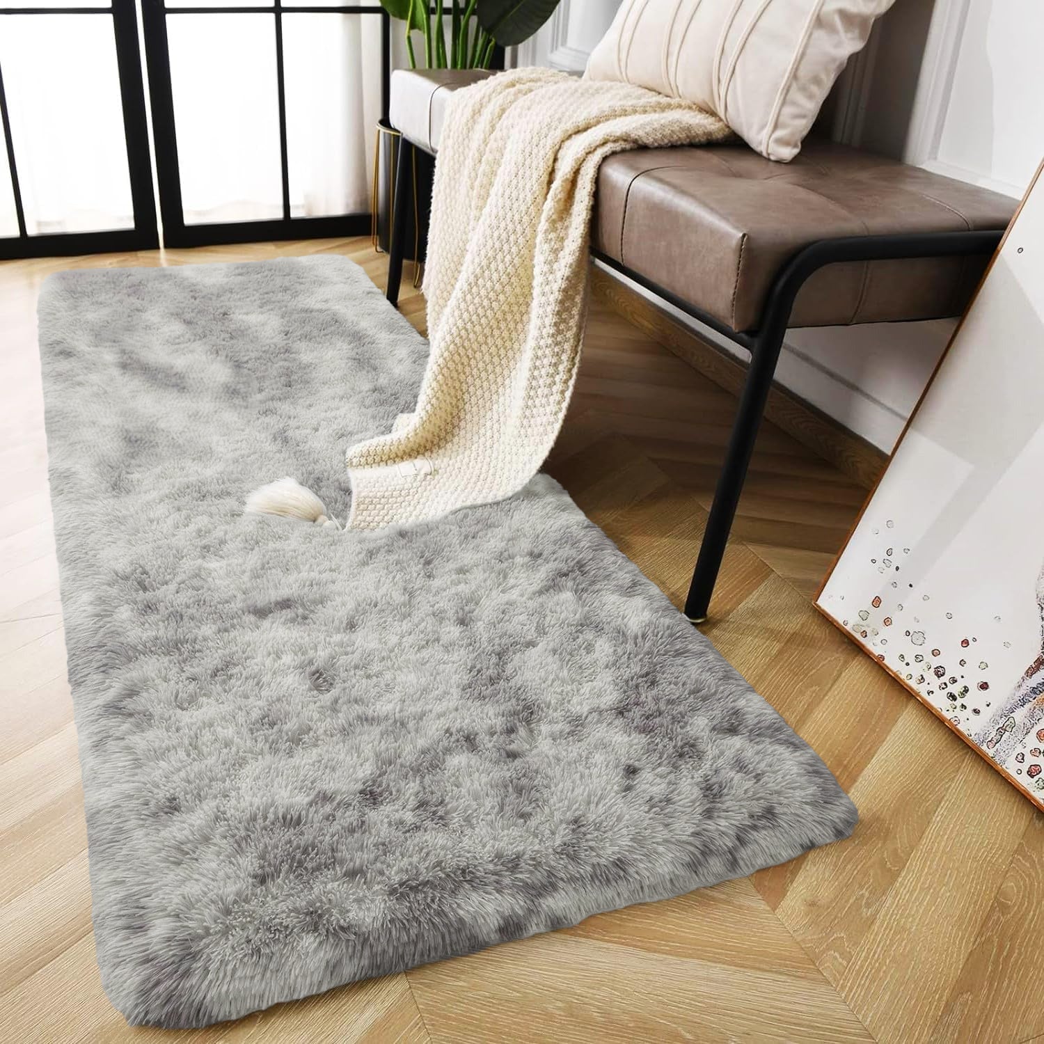 Hallway Runner Shaggy Rug Light Grey Tie Dye