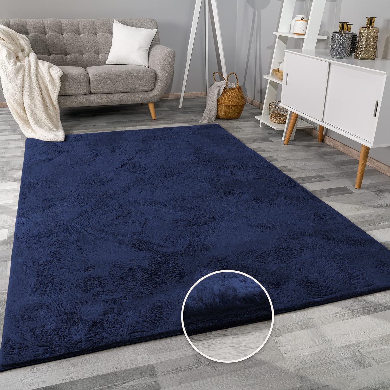 Navy Rabbit Faux Fur Rug Fluffy Plush Bedroom Runner