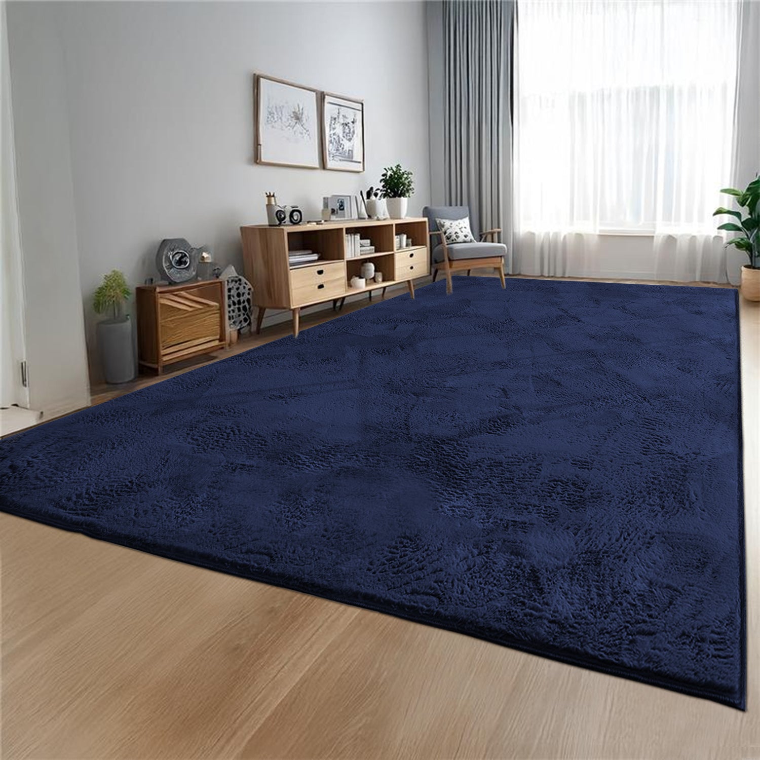 Navy Rabbit Faux Fur Rug Fluffy Plush Bedroom Runner