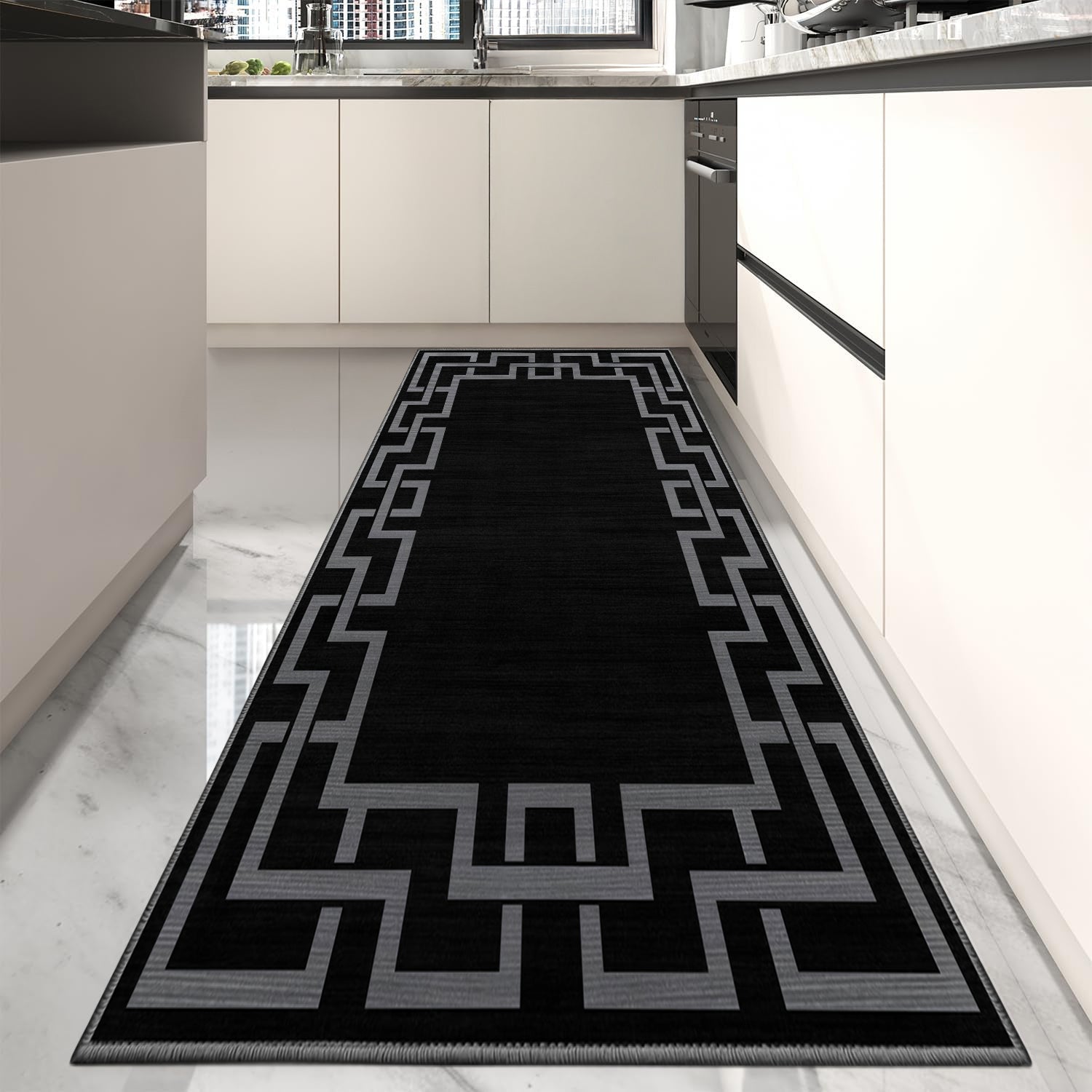 Black Greek Key Hallway Runner Rug Nico