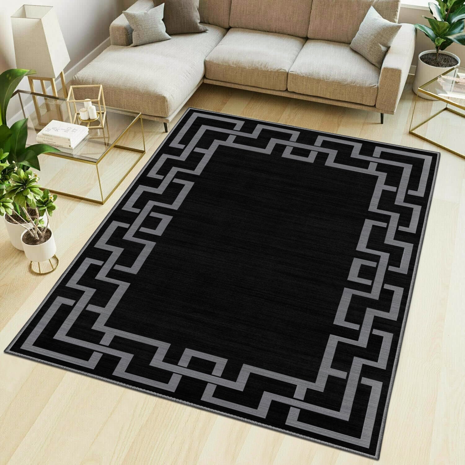 Black Greek Key Hallway Runner Rug Nico