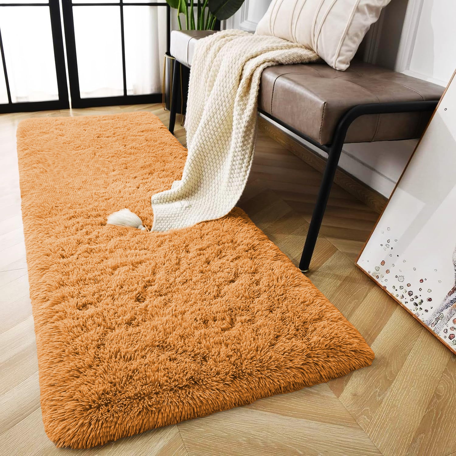 Thick Shaggy Rug For Hallway Area Ochre