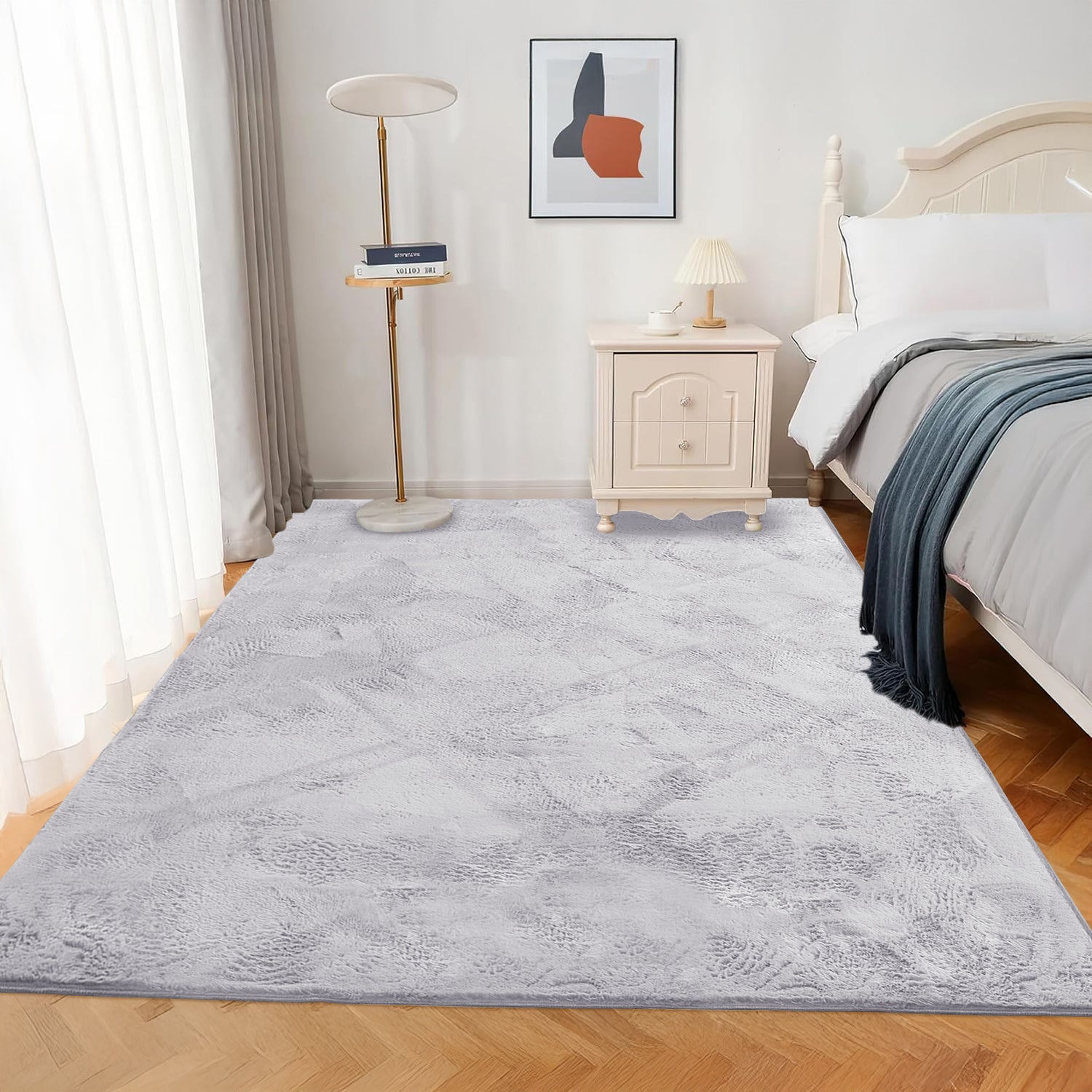 Silver Rabbit Faux Fur Rug Fluffy Plush Bedroom Runner