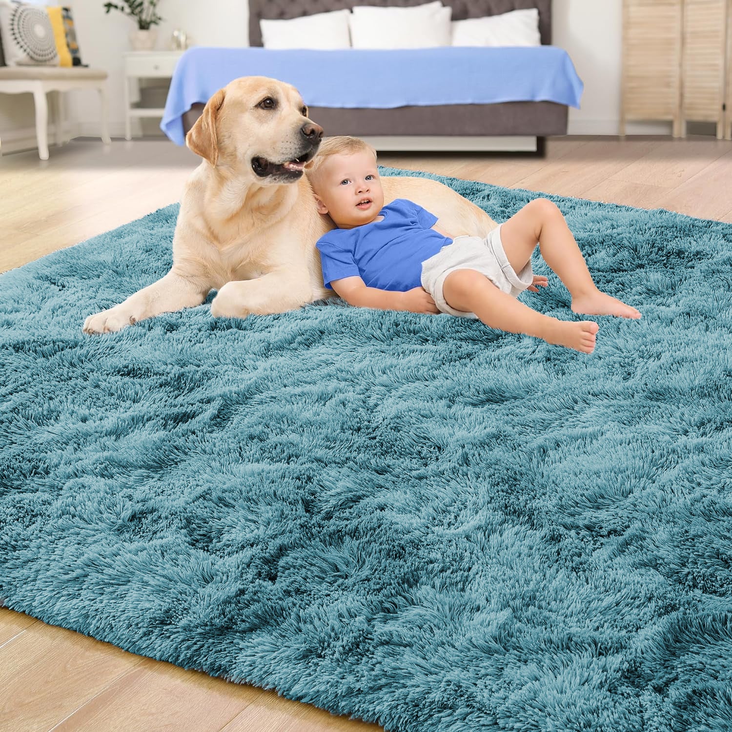 Large Bedroom Shaggy Rug Teal Tie Dye