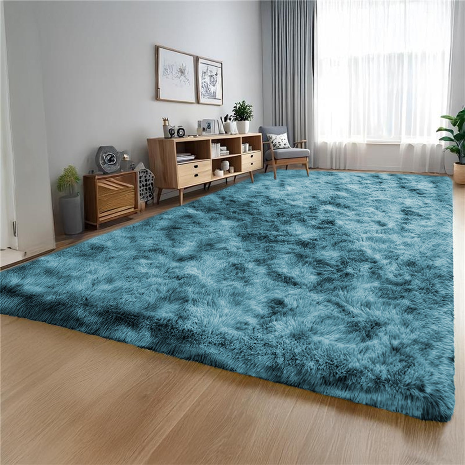 Large Bedroom Shaggy Rug Teal Tie Dye
