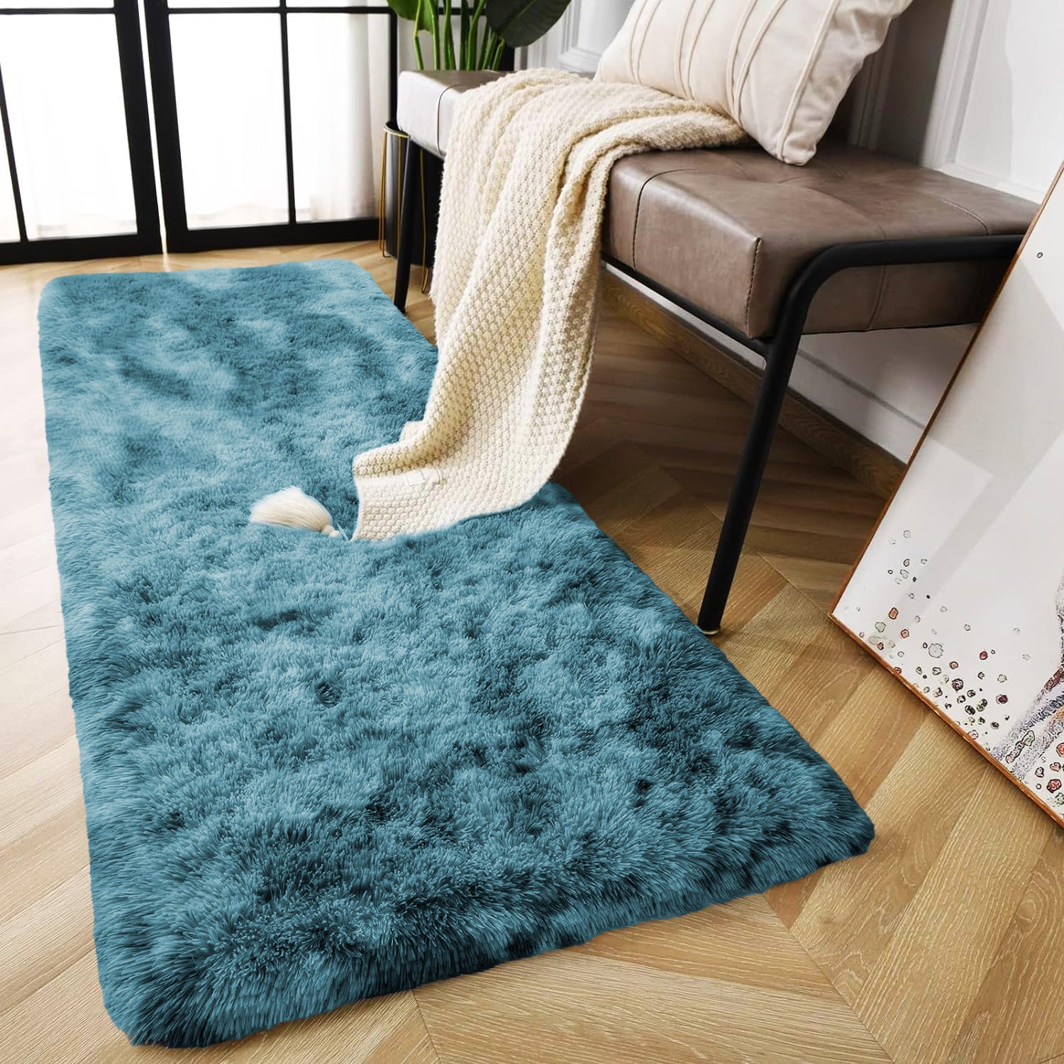 Large Bedroom Shaggy Rug Teal Tie Dye