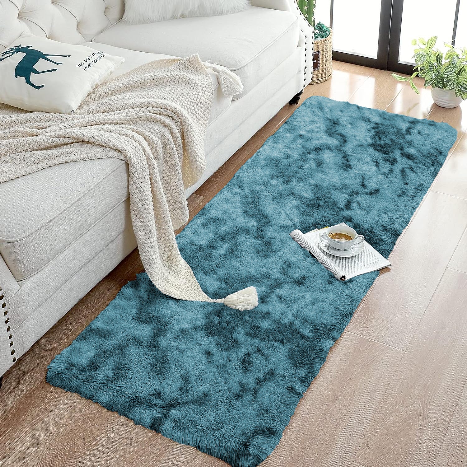 Large Bedroom Shaggy Rug Teal Tie Dye