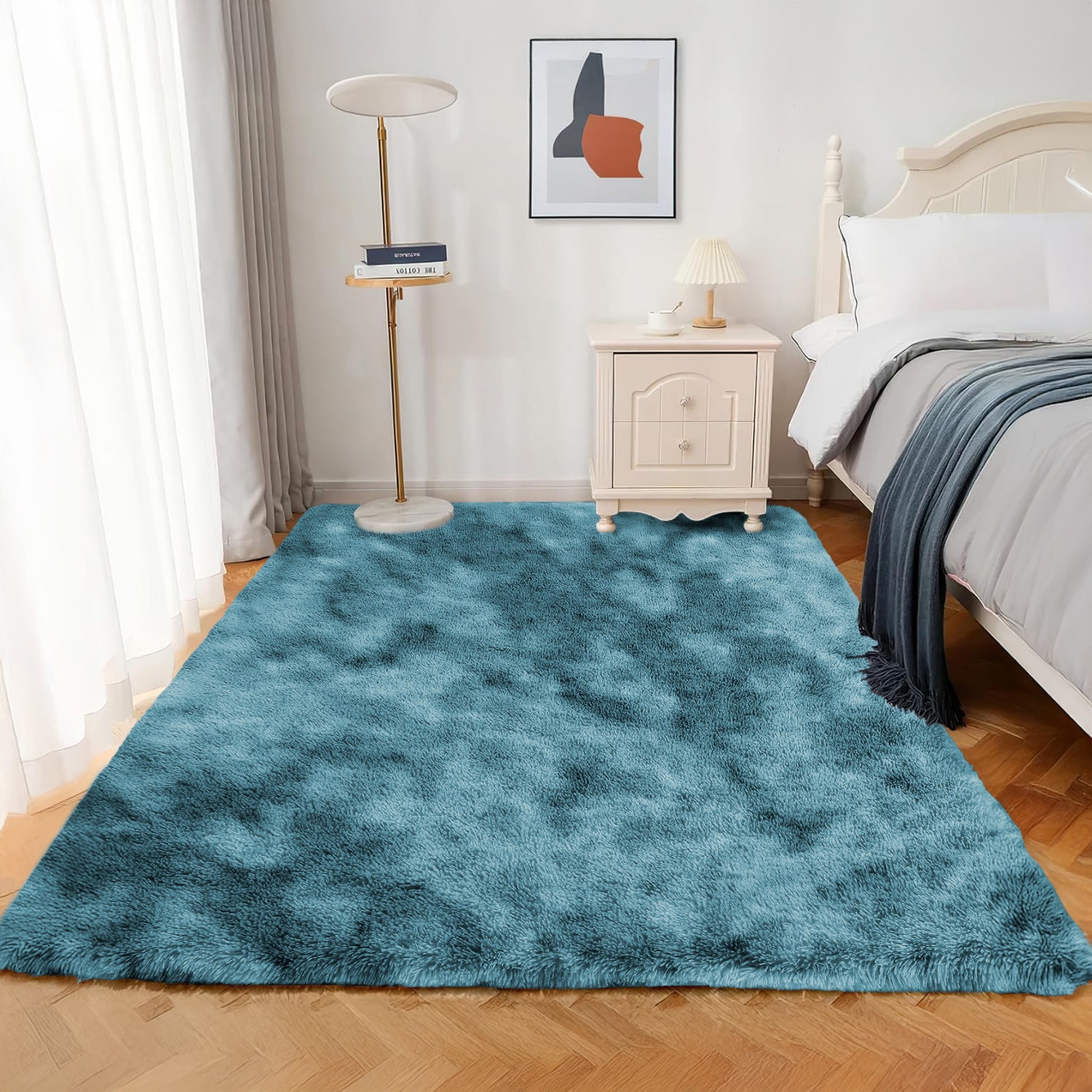 Large Bedroom Shaggy Rug Teal Tie Dye