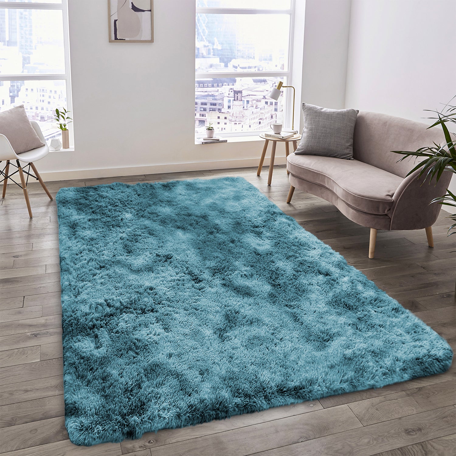 Large Bedroom Shaggy Rug Teal Tie Dye