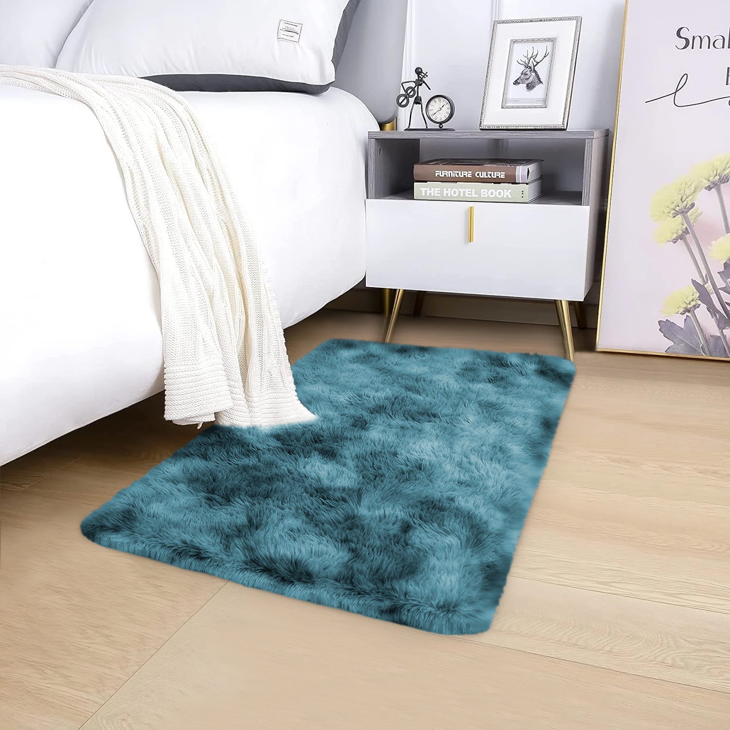 Large Bedroom Shaggy Rug Teal Tie Dye