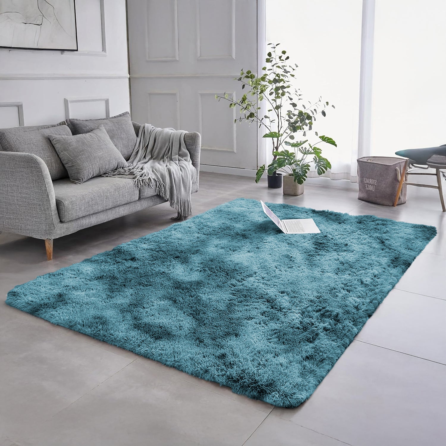 Large Bedroom Shaggy Rug Teal Tie Dye