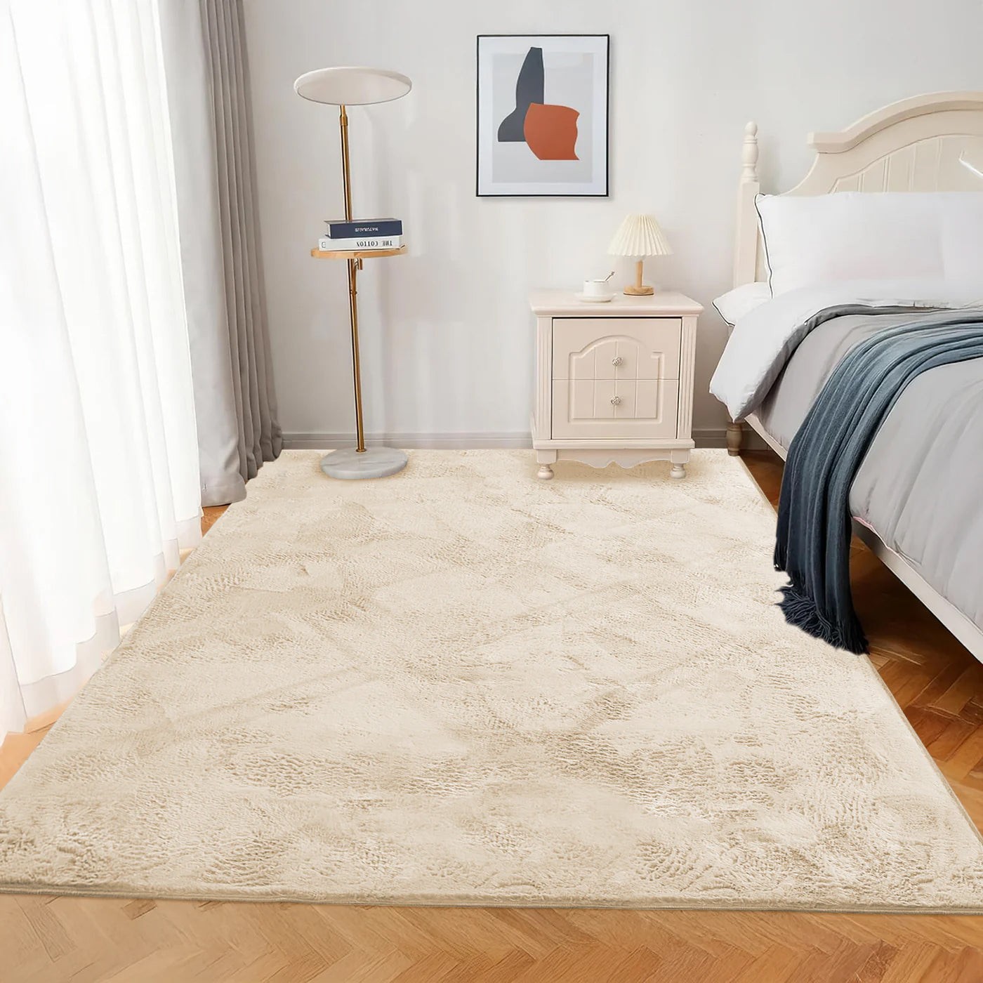 Beige Rabbit Faux Fur Rug Fluffy Plush Bedroom Runner