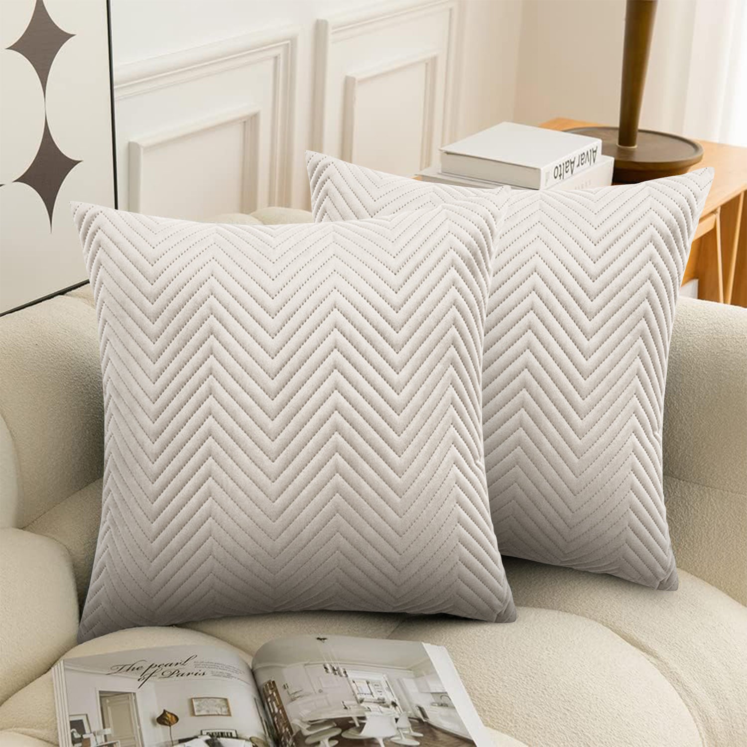 Beige Chevron Design Velvet Cushion Covers