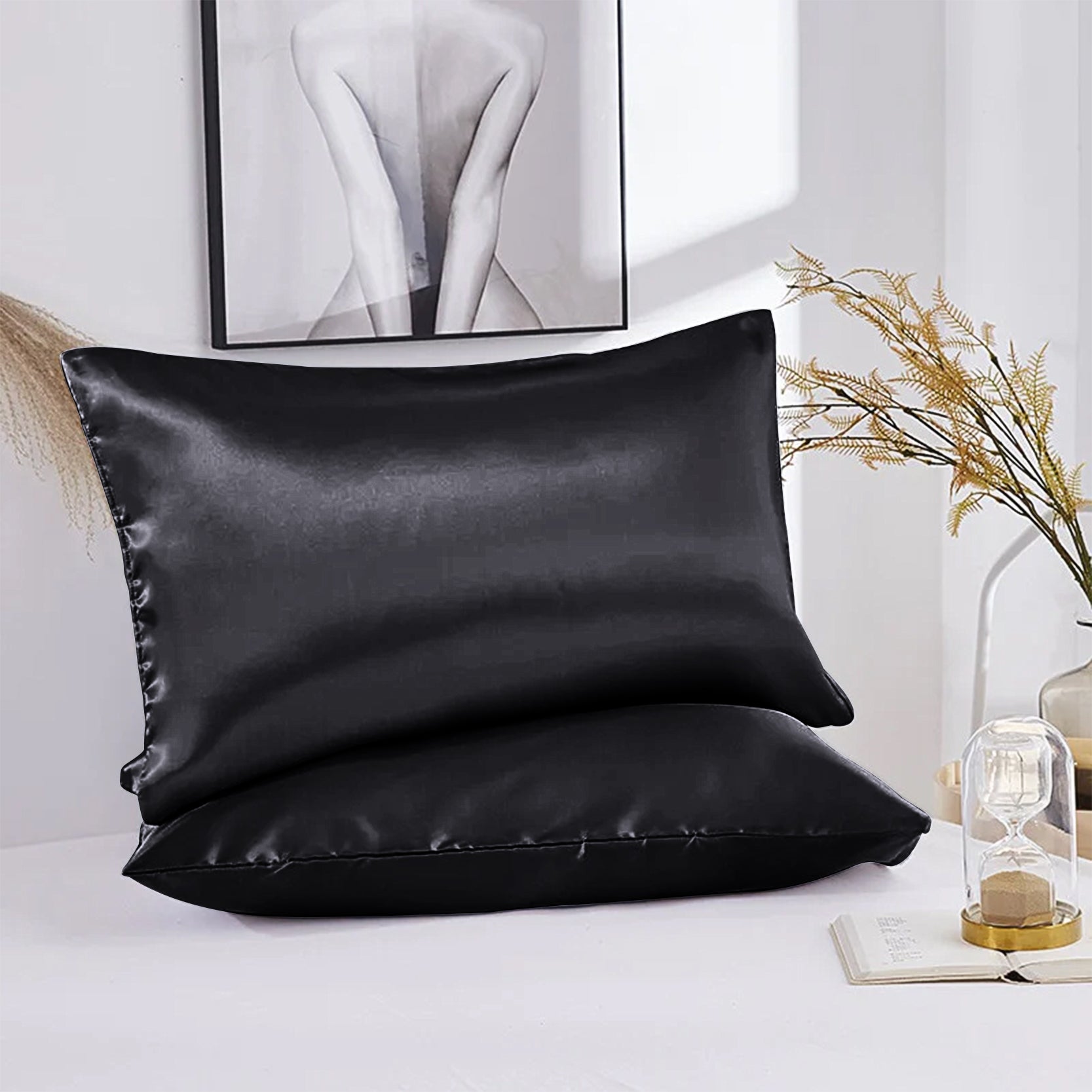 Black Satin Silk Pillowcases Pair