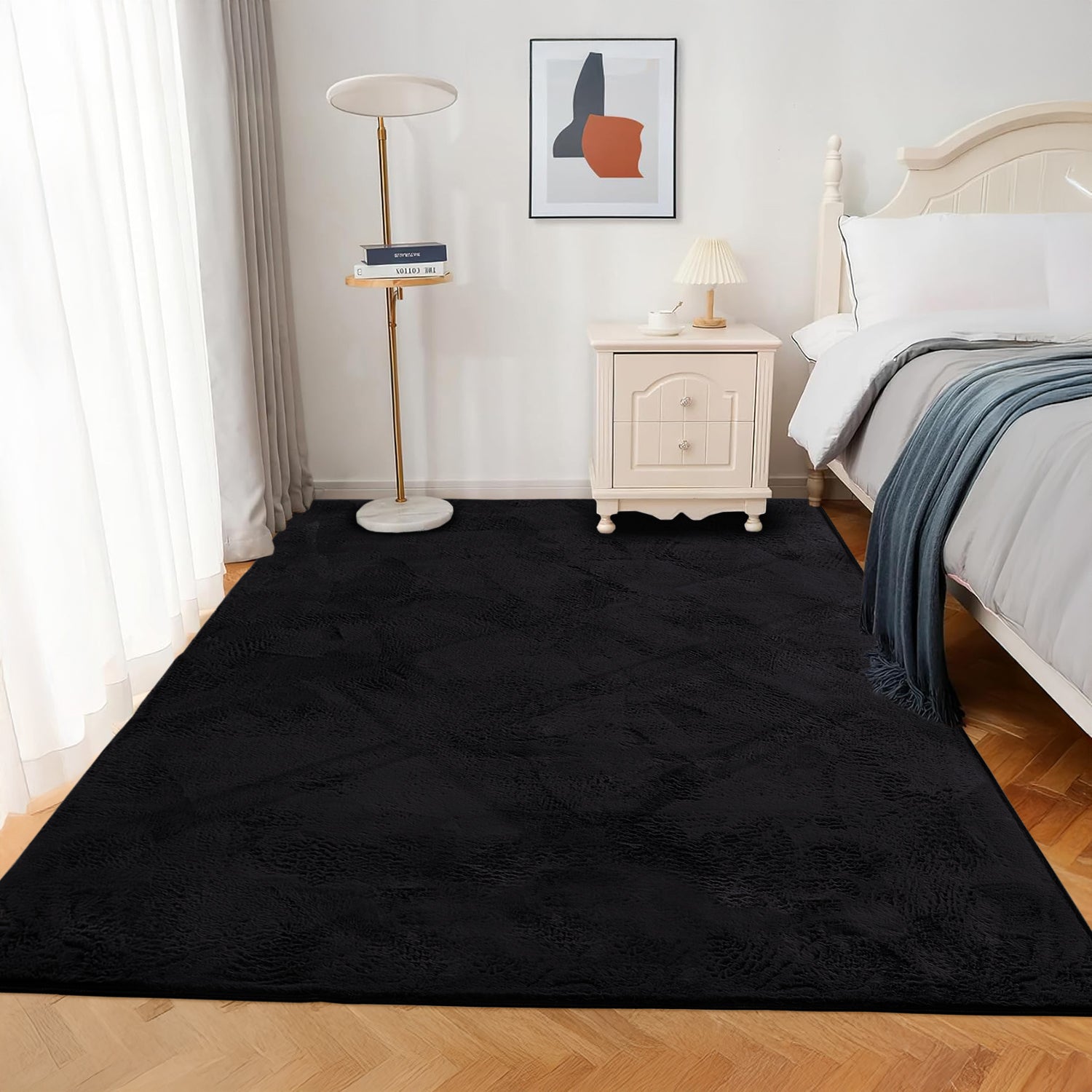 Black Rabbit Faux Fur Rug Fluffy Plush Bedroom Runner