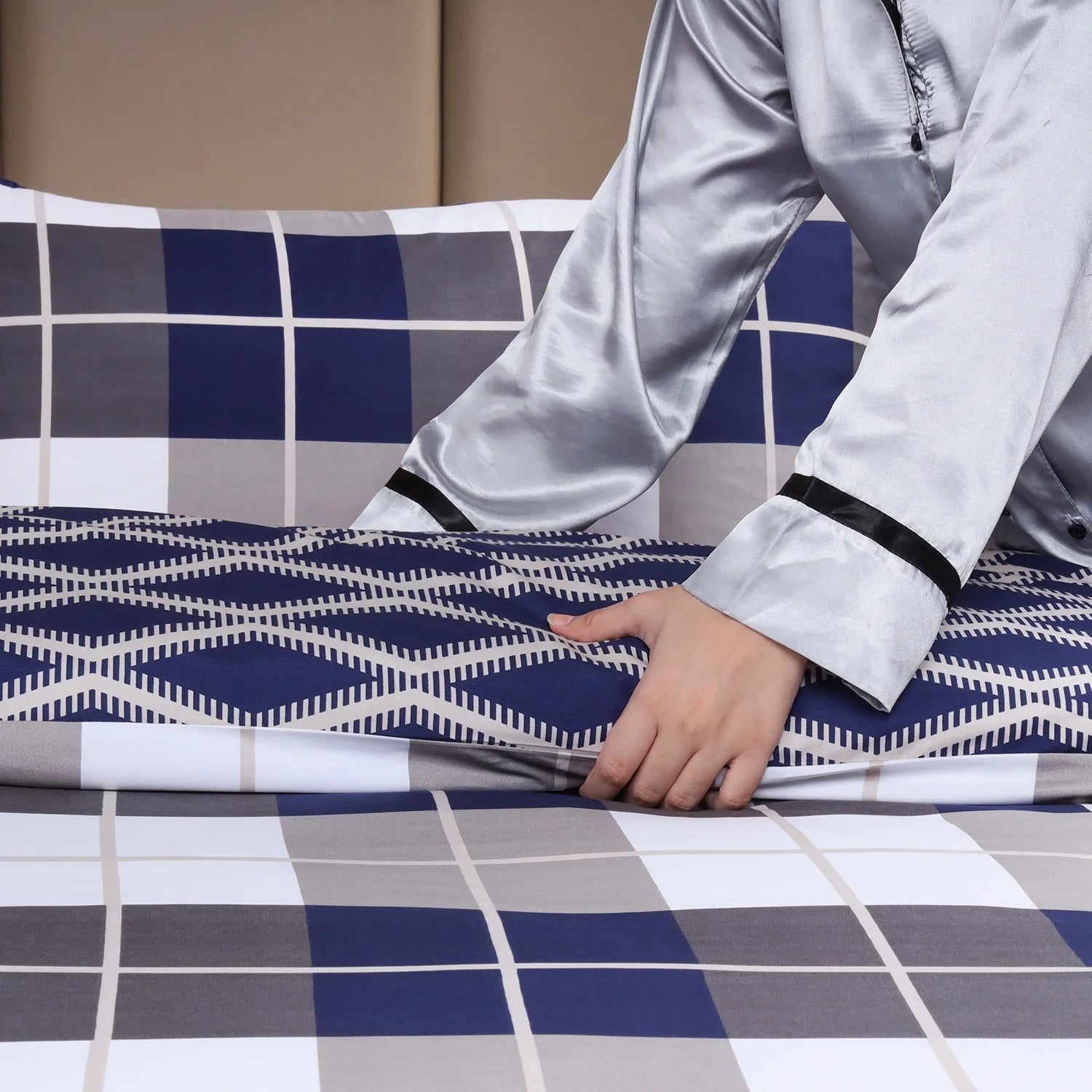 Navy Check Printed Duvet Cover