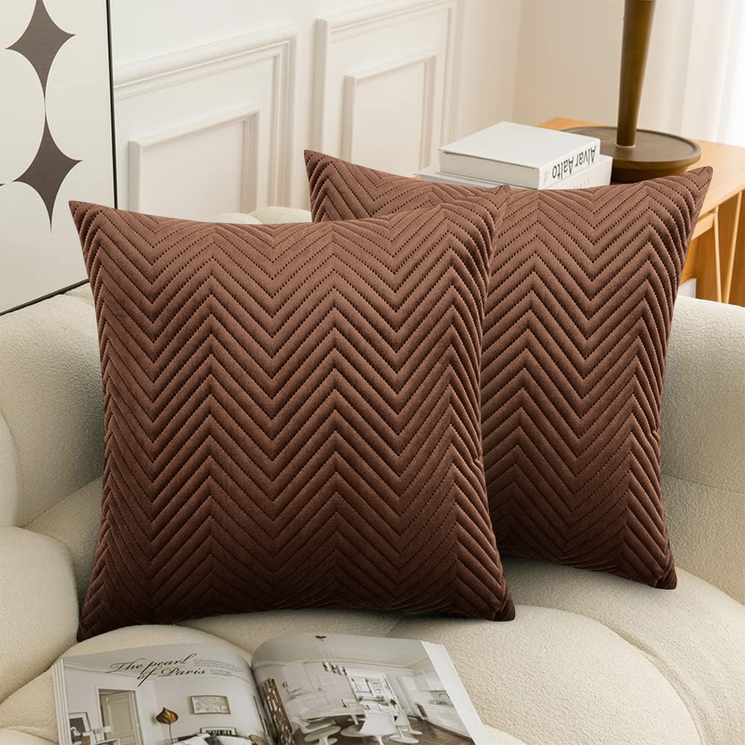 Coffee Chevron Design Velvet Cushion Covers