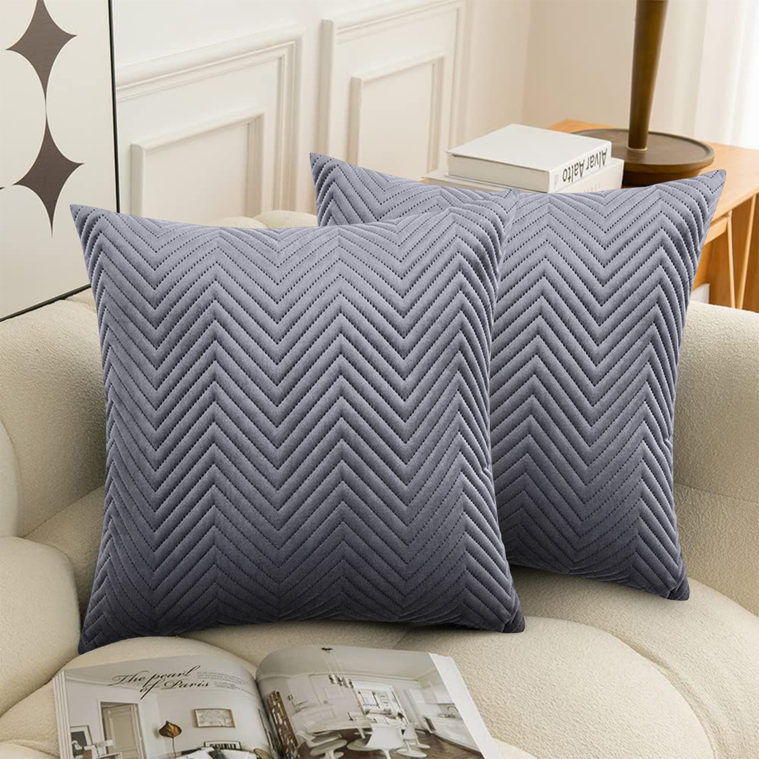 Grey Chevron Design Velvet Cushion Covers