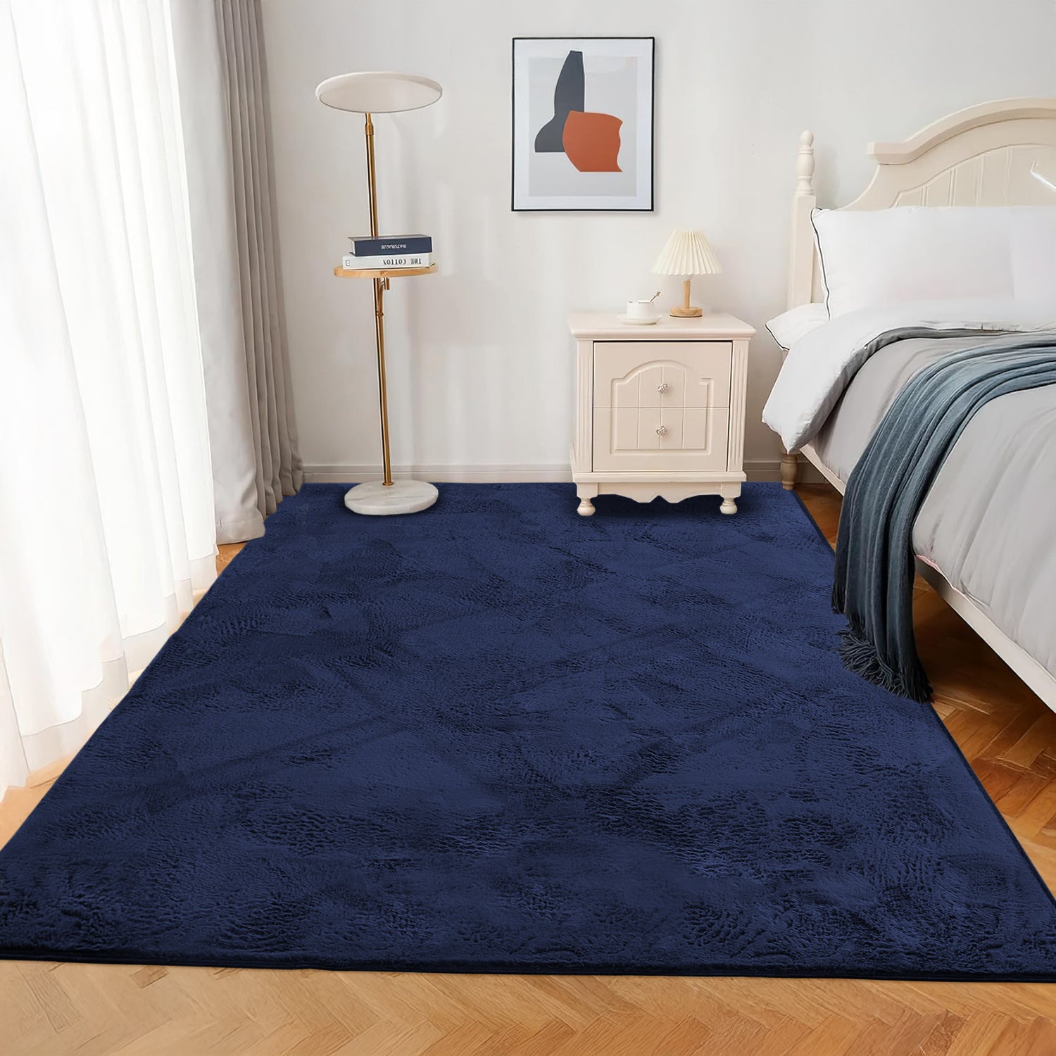 Navy Rabbit Faux Fur Rug Fluffy Plush Bedroom Runner