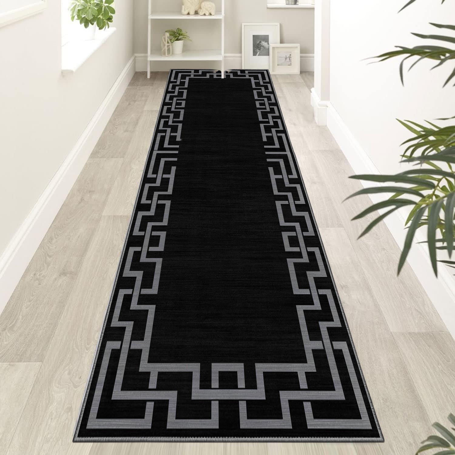 Black Greek Key Hallway Runner Rug Nico